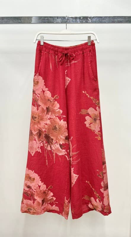 VENTI6 - MAGNOLIA FLOWERS PRINT LINEN WIDE LEG PANTS