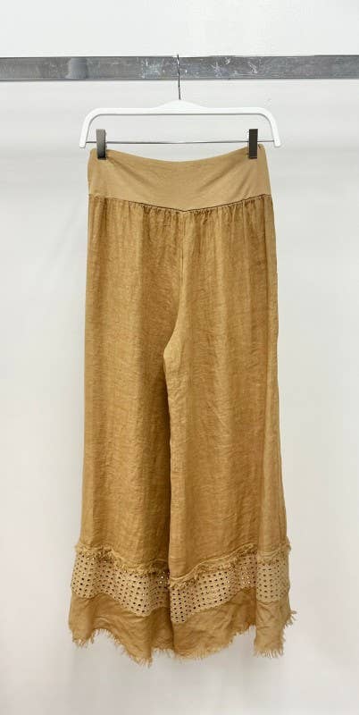 VENTI6 - FRINGE HEM EYELET CONTRAST WIDE LEG LINEN PANTS