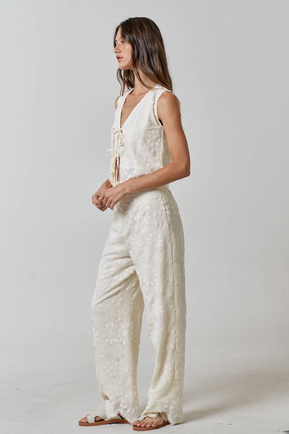 FLORAL EMBROIDERY WIDE LEG TROUSER PANTS