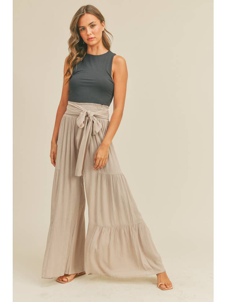 RAYON TIERED DETAIL PANTS -Taupe