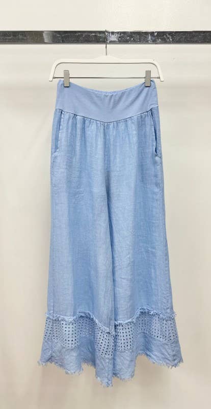 VENTI6 - FRINGE HEM EYELET CONTRAST WIDE LEG LINEN PANTS