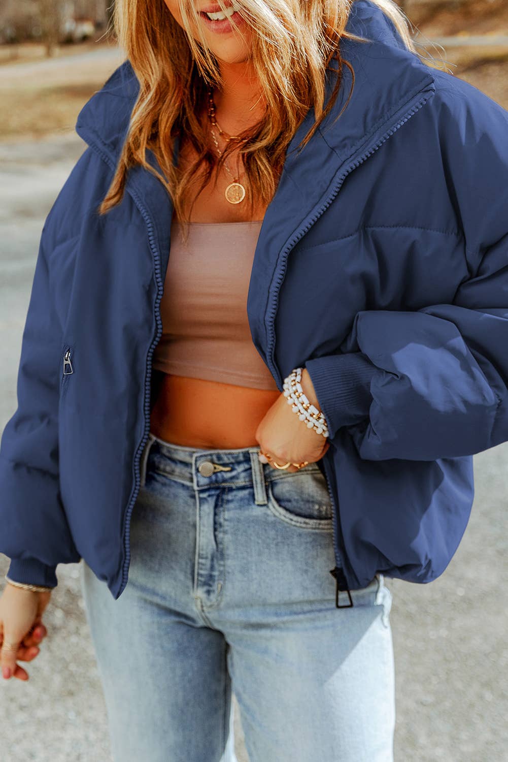 1 the Woman - Zip Up Pocketed Puffer Coat