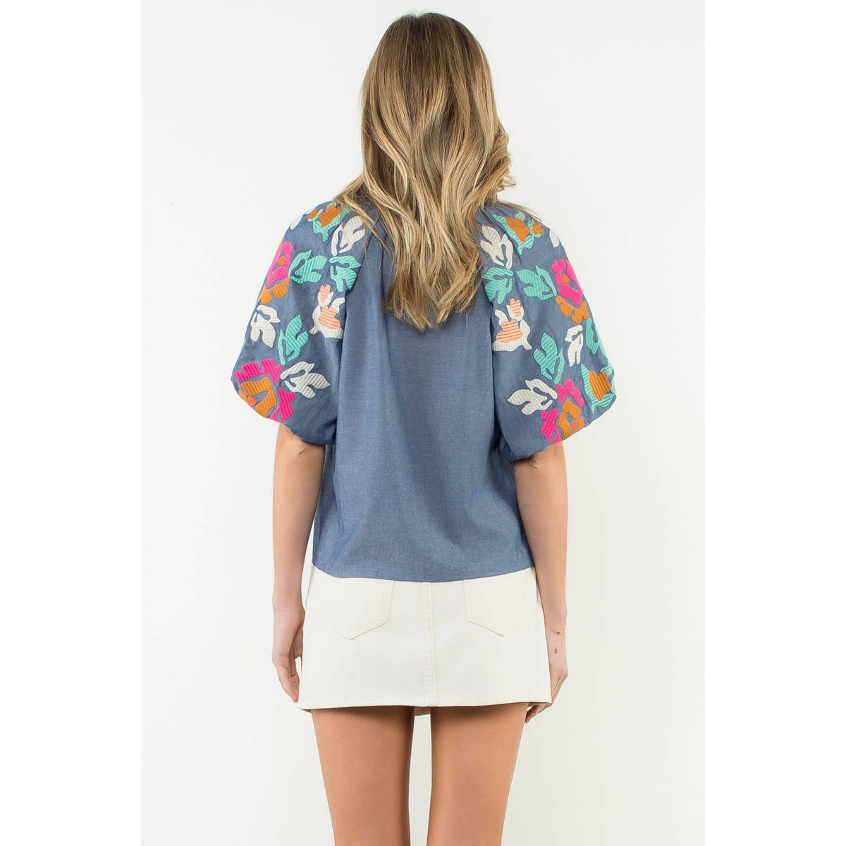 Embroidered Puff Sleeve V-Neck Top