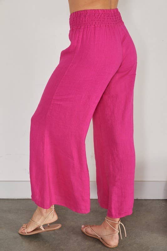 VENTI6 - ELASTIC SMOCKED WAIST LINEN WIDE LEG PANT