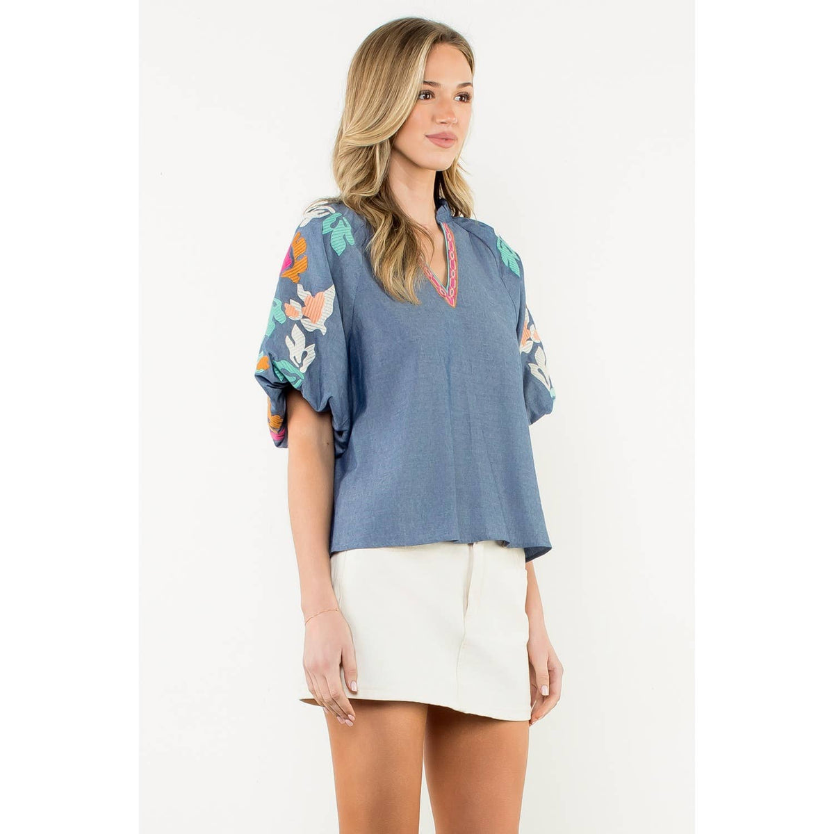 Embroidered Puff Sleeve V-Neck Top