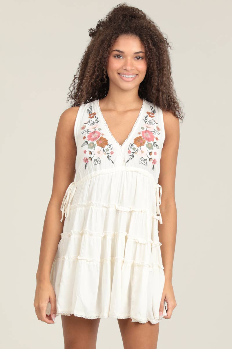 EMBROIDERED V NECK TANK DRESS