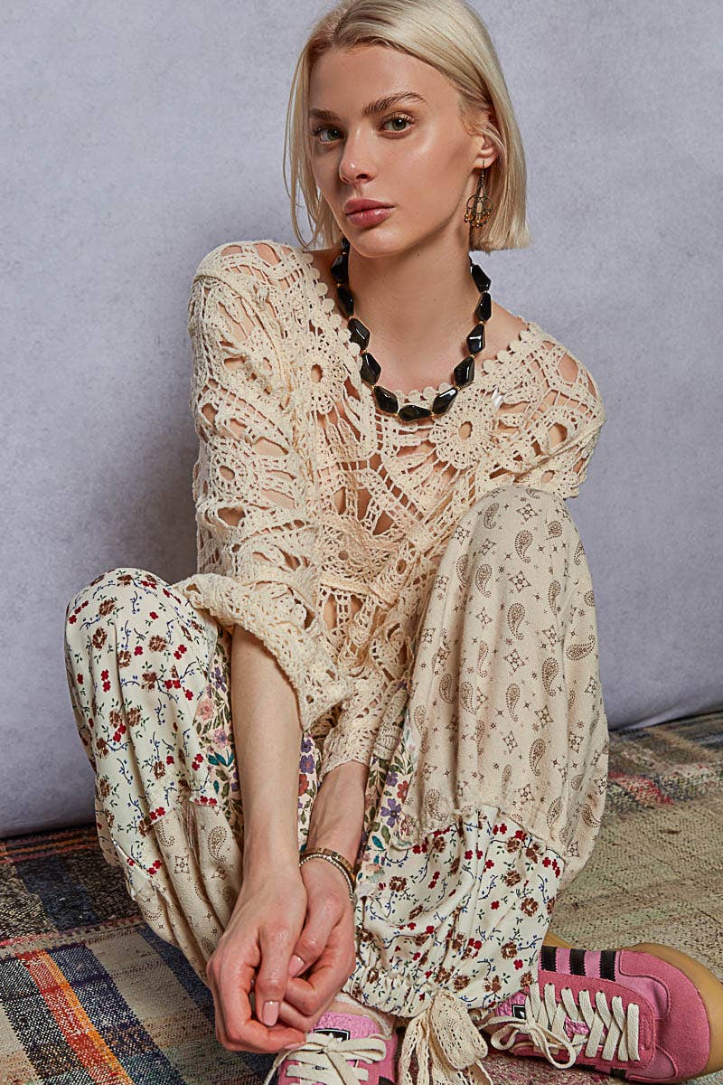 Pol Clothing - Round neck 3/4 sleeve crochet cropped top