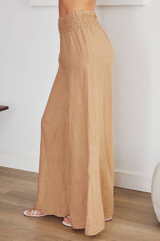 VENTI6 - ELASTIC SMOCKED WAIST LINEN WIDE LEG PANT