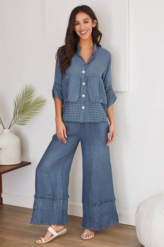 VENTI6 - FRINGE HEM EYELET CONTRAST WIDE LEG LINEN PANTS
