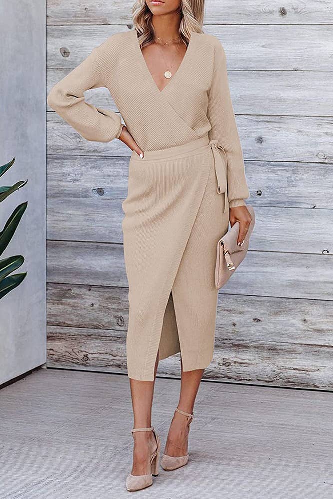 V Neck Knit Midi Dress With Sash