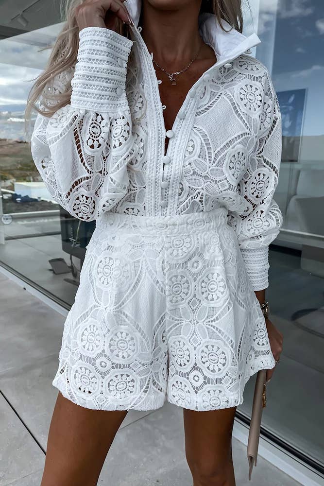 UNISHE - Full Lace Buttoned Blouse With Shorts 2pcs Set ZK1543