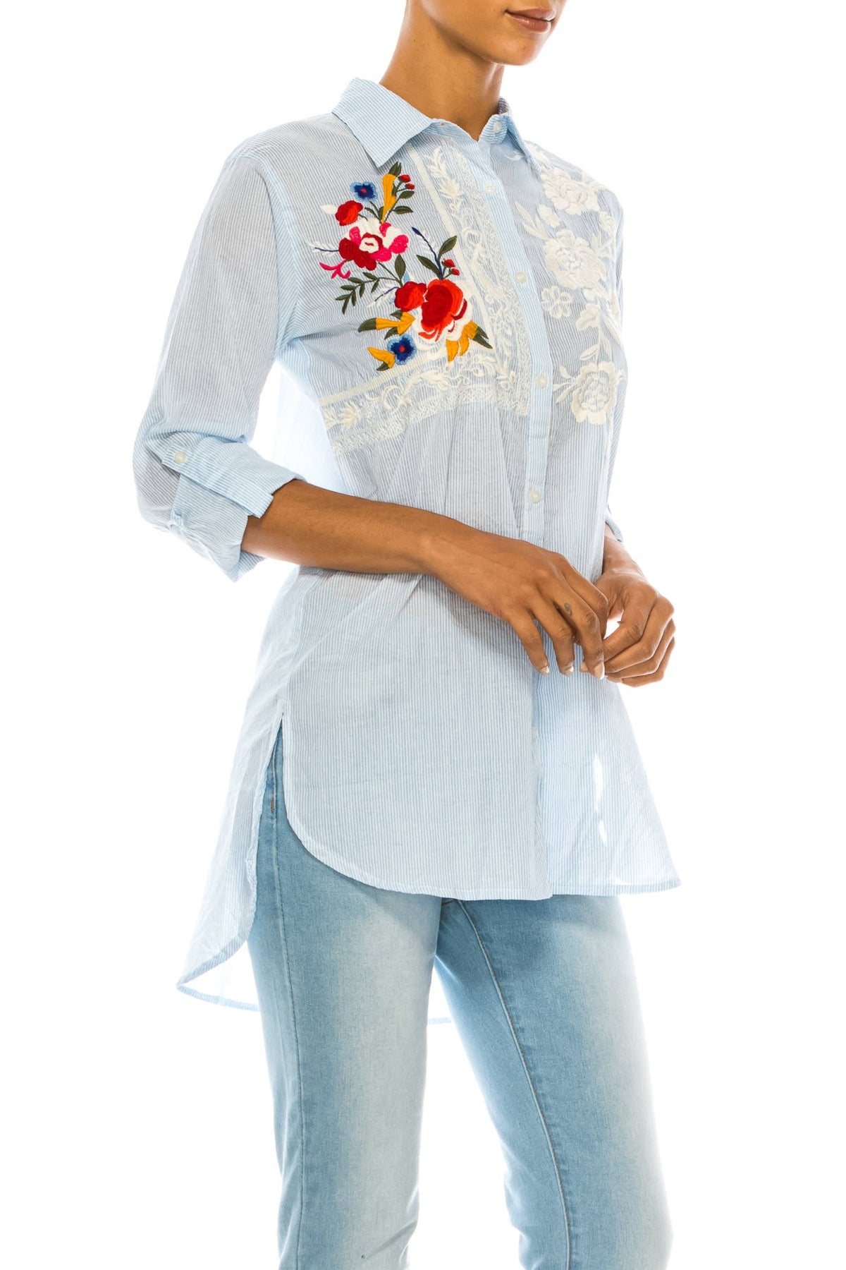 Embroidered Button Down - Stripes Of Blue In Bloom