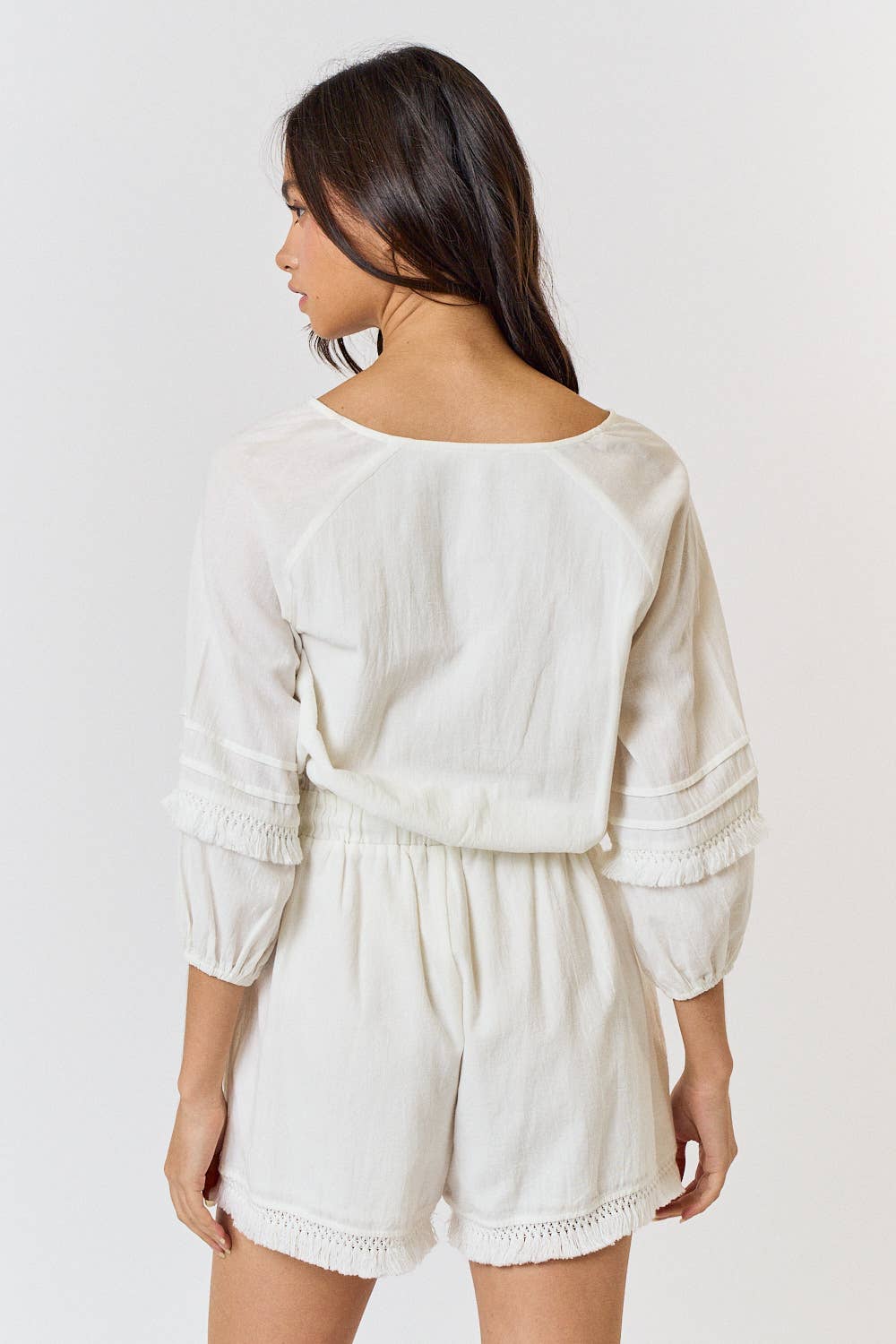 3/4 SLEEVE BUTTON UP V-NECK ROMPER