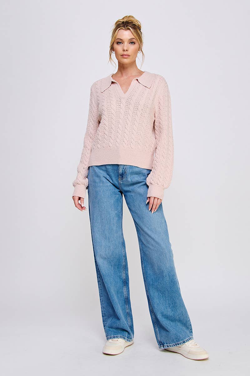 Allie Rose - Cable Knit Johnny Collar Pullover