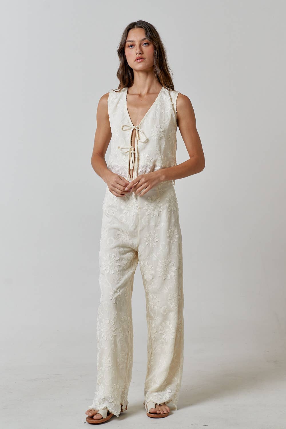 FLORAL EMBROIDERY WIDE LEG TROUSER PANTS