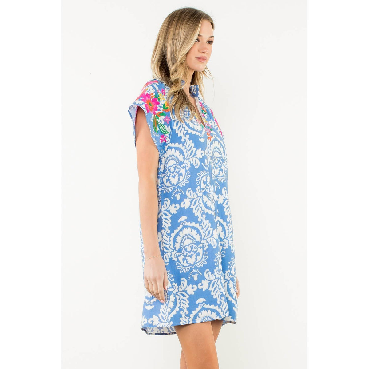 Embroidered Sleeve Split Neck Dress