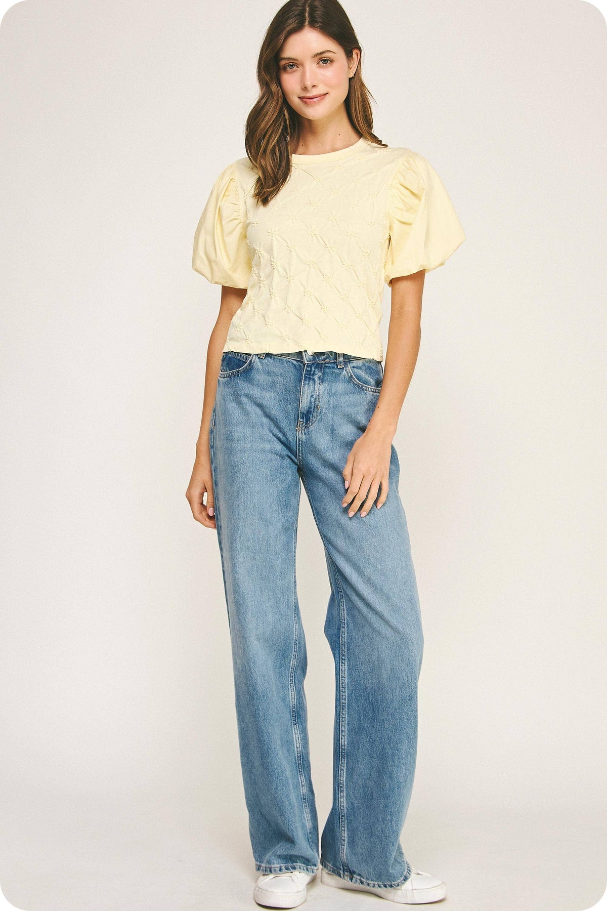 Flower Embossed Puff Sleeve Tee Top