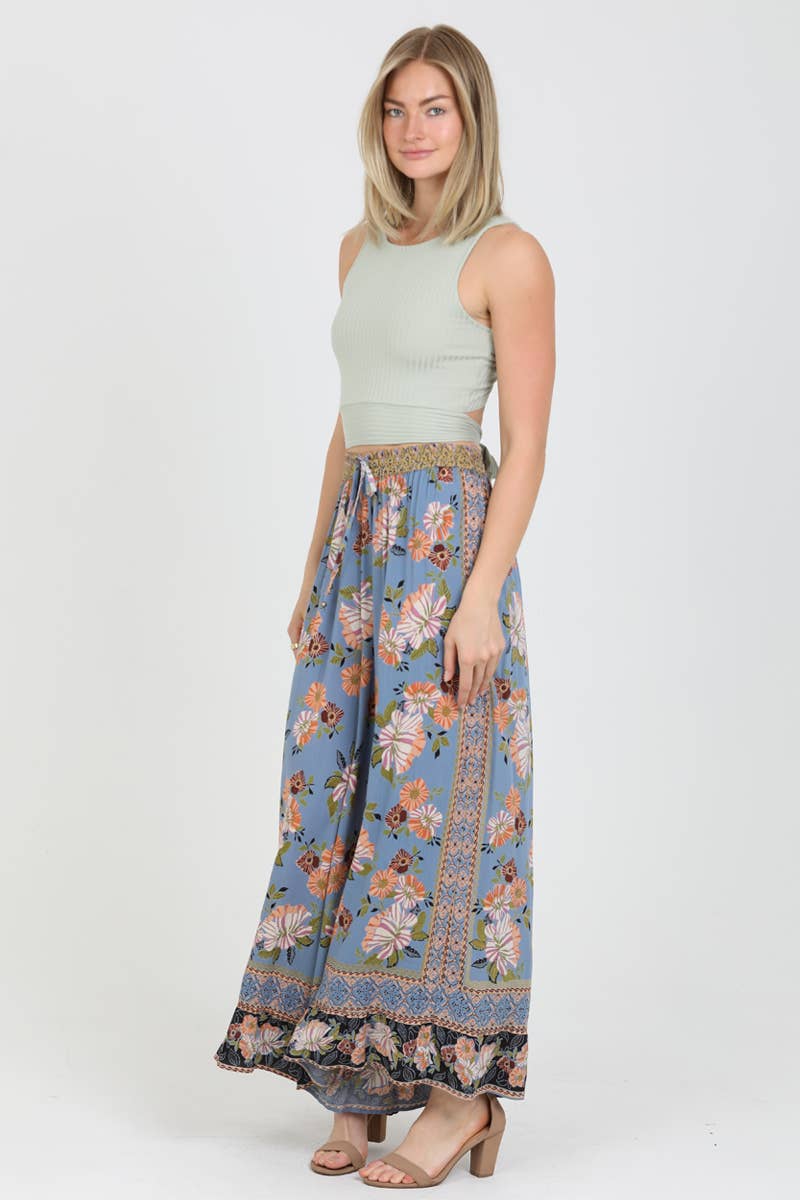 Blue Floral Printed Wide Leg Pants