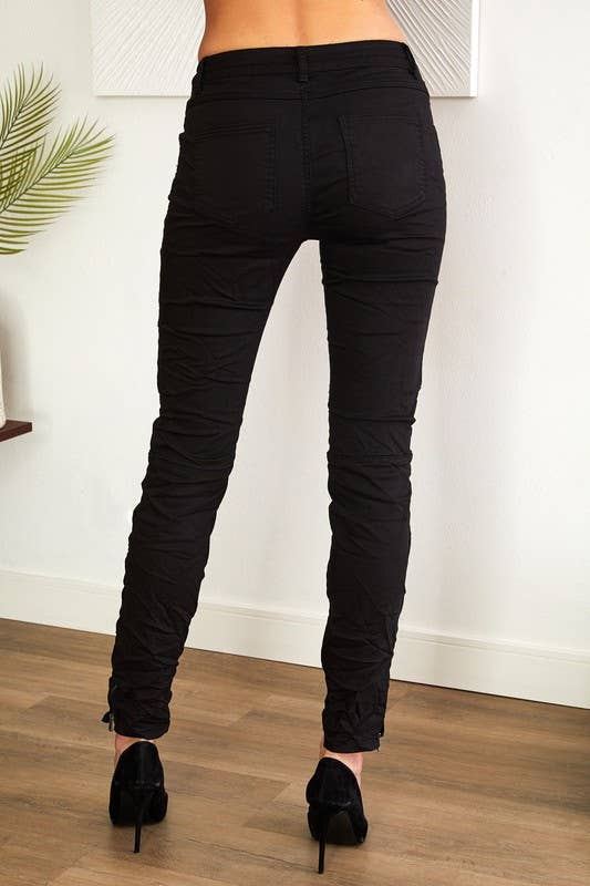ZIPPERED POCKET MOTO CRINKLE DENIM PANTS