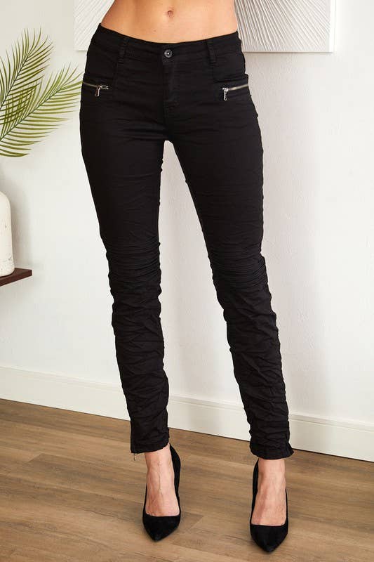 ZIPPERED POCKET MOTO CRINKLE DENIM PANTS