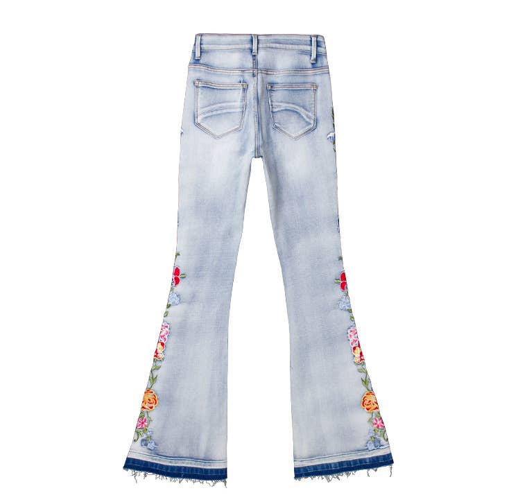 Floral embellished flare light blue jeans