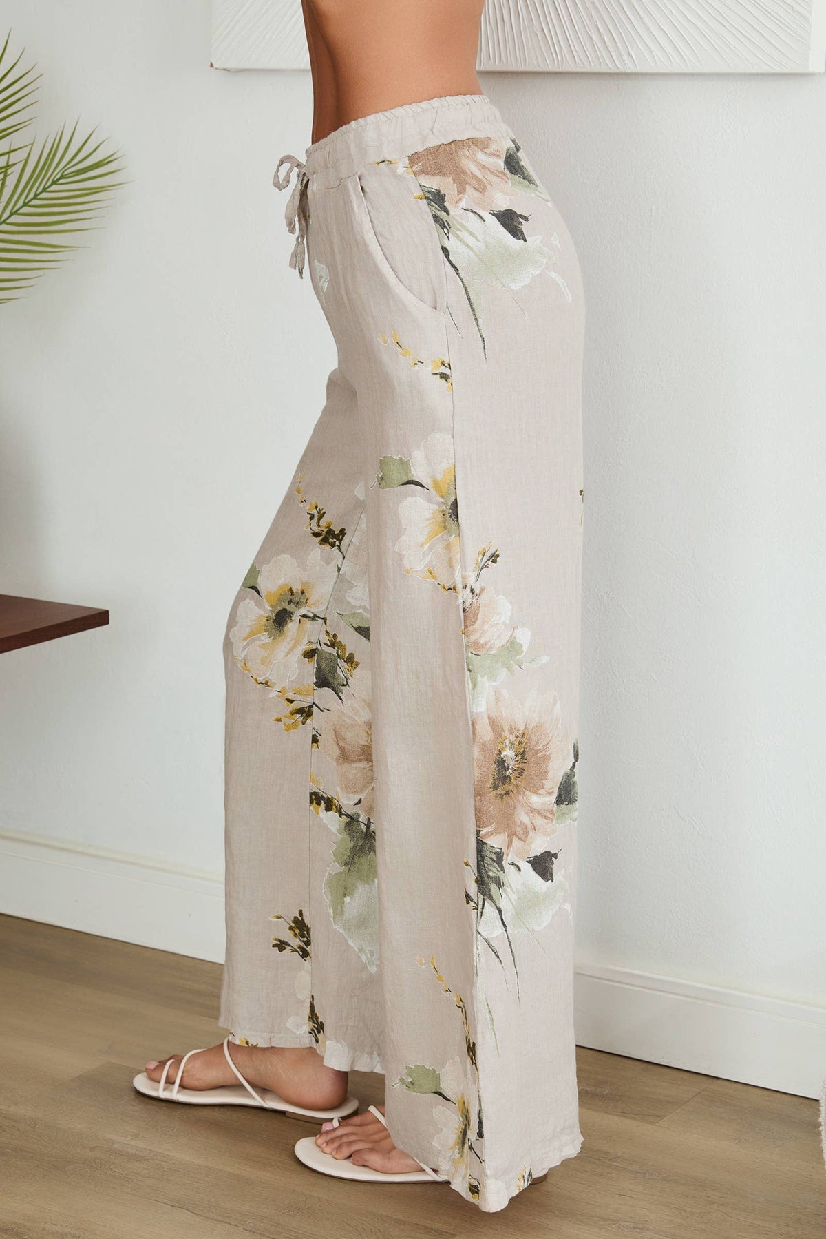 VENTI6 - MAGNOLIA FLOWERS PRINT LINEN WIDE LEG PANTS