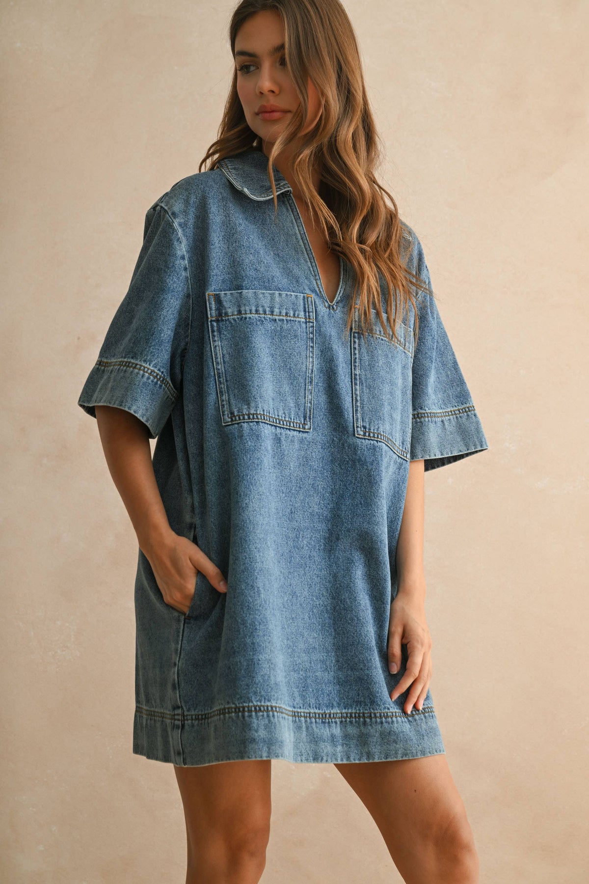 SHELLY V-NECK DENIM TUNIC DRESS