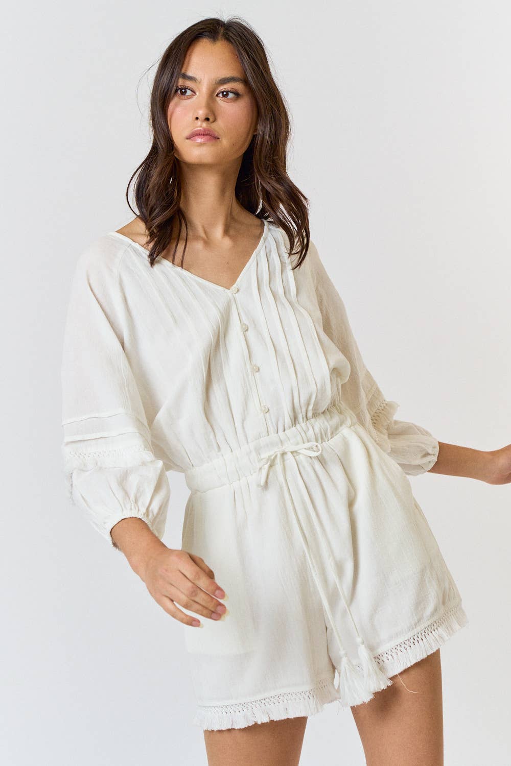 3/4 SLEEVE BUTTON UP V-NECK ROMPER