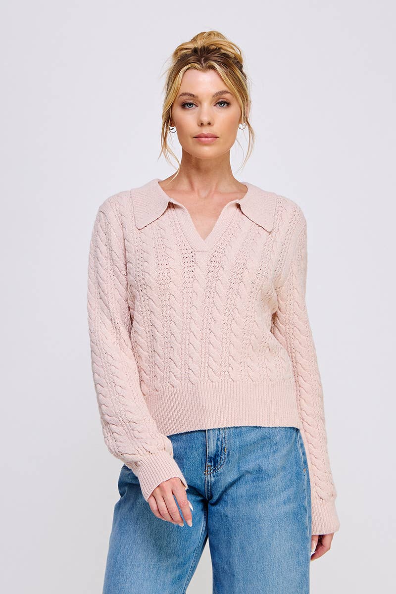 Allie Rose - Cable Knit Johnny Collar Pullover