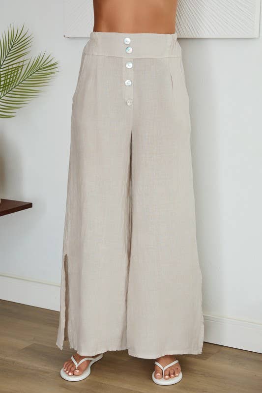 VENTI6 - 5 BUTTON WIDE LEG SIDE SLIT LINEN PANTS (20-18)