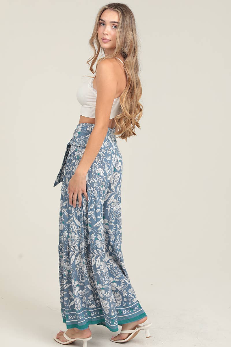 Blue Tie Waist Wide Leg Pants