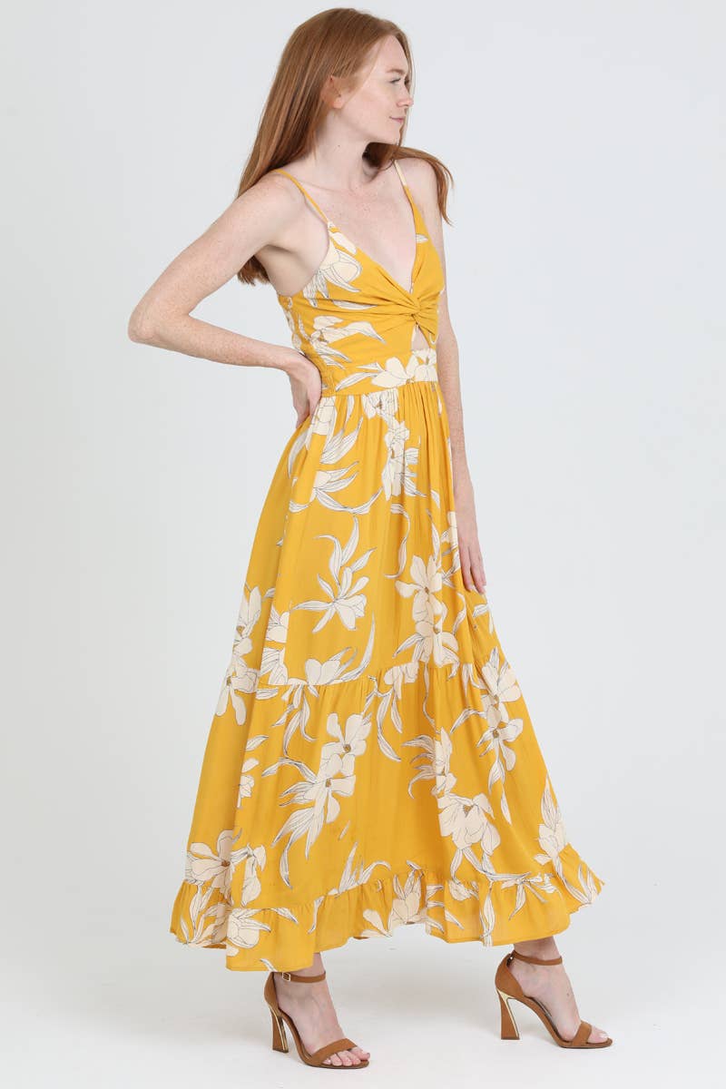 YELLOW ANGIE V NECK TWIST FRONT CUT OUT MAXI DRESS