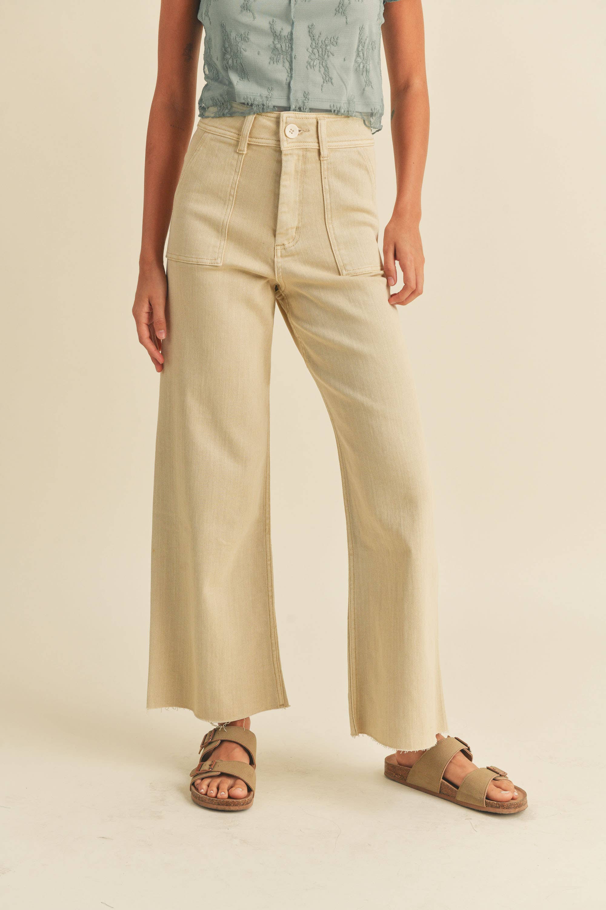 MIOU MUSE - P2112     DYE AND WASH COTTON STRETCH WIDE LEG PANTS