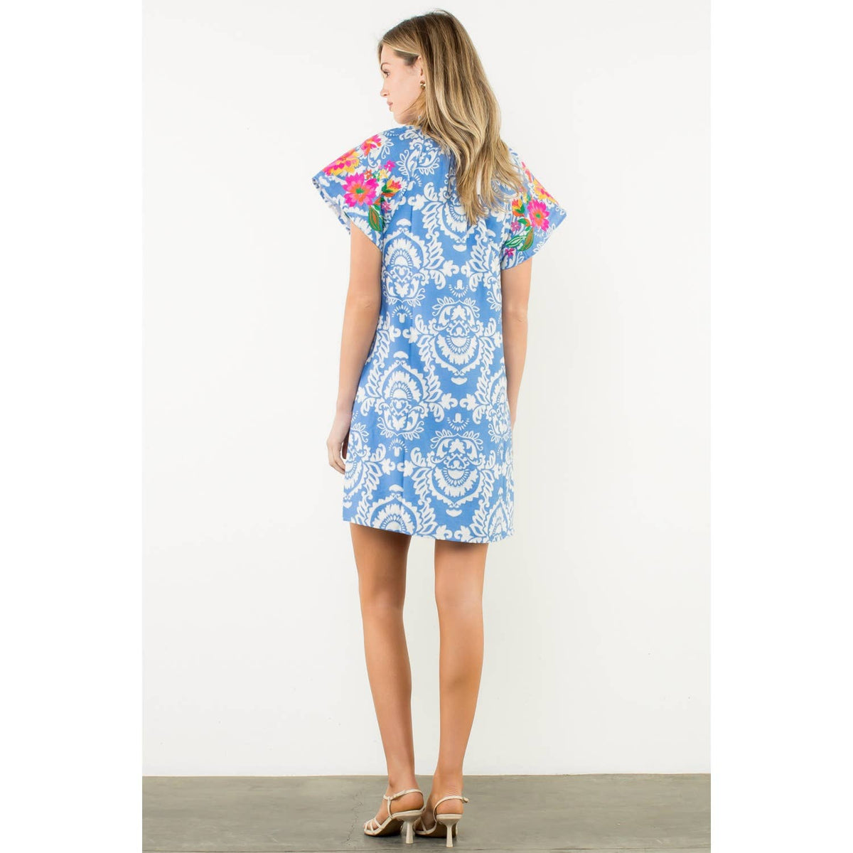 Embroidered Sleeve Split Neck Dress