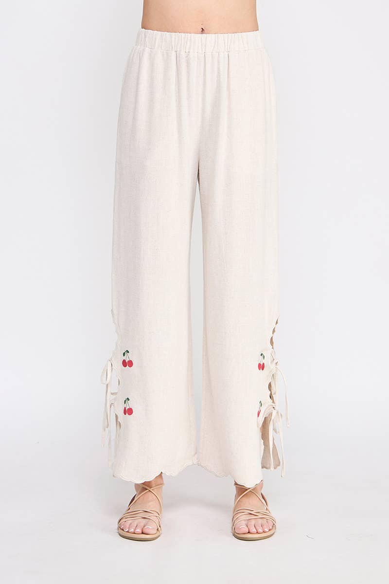 Allie Rose - Soft Linen Elastic Waist Embroidered Pants