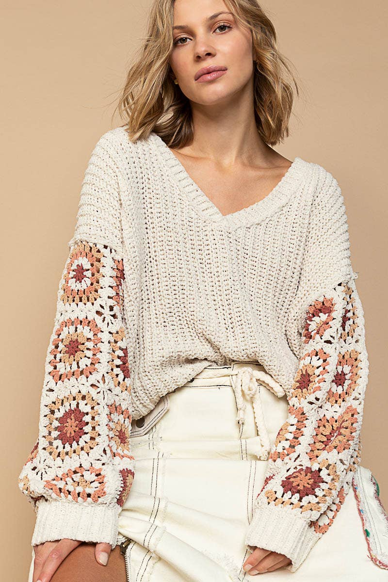 Contrast square pattern sleeves chenille v-neck sweater