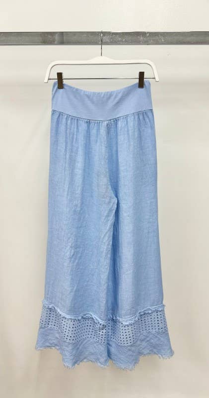 VENTI6 - FRINGE HEM EYELET CONTRAST WIDE LEG LINEN PANTS