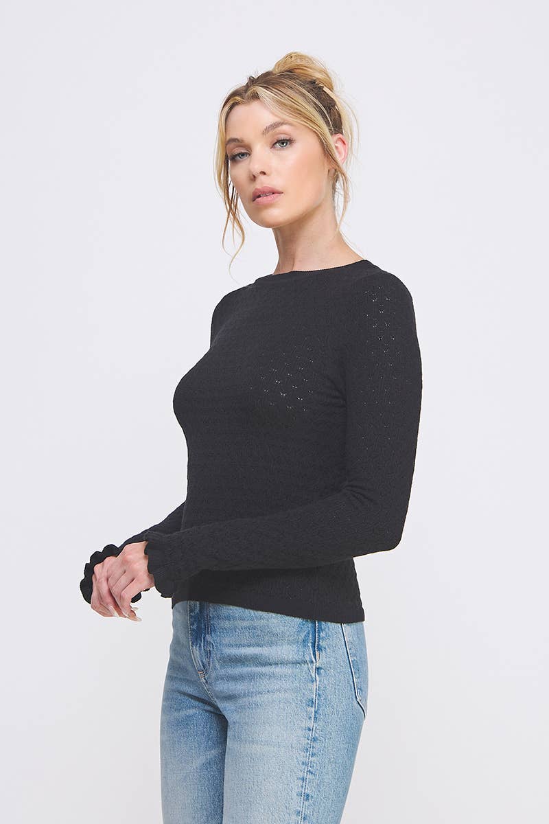 Allie Rose - Pointelle Knit Top with Ruffle Sleeve