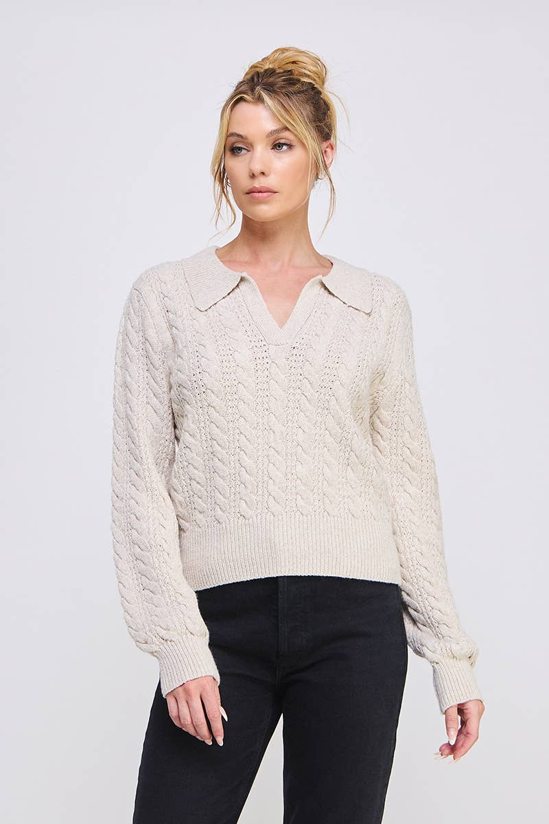 Allie Rose - Cable Knit Johnny Collar Pullover