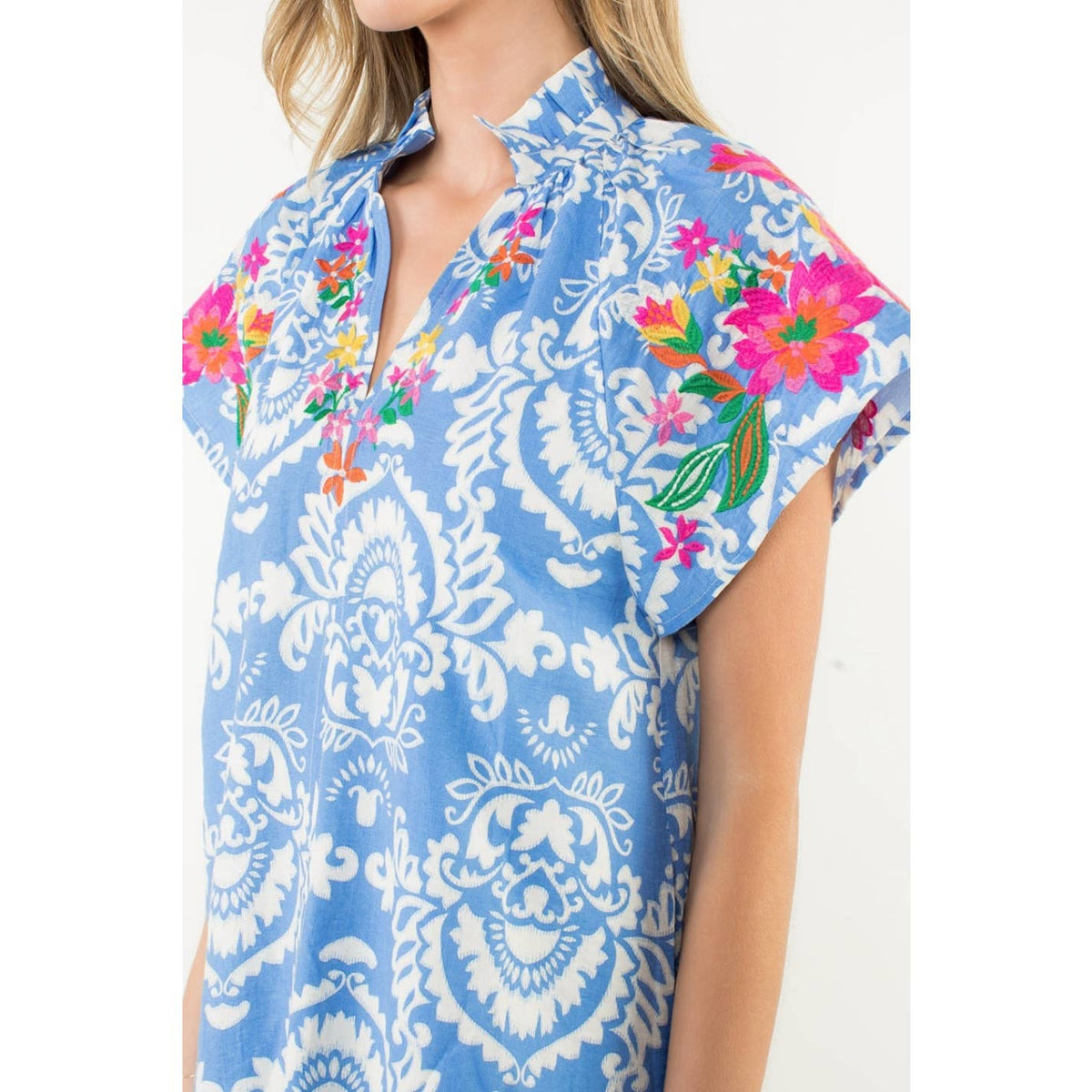 Embroidered Sleeve Split Neck Dress