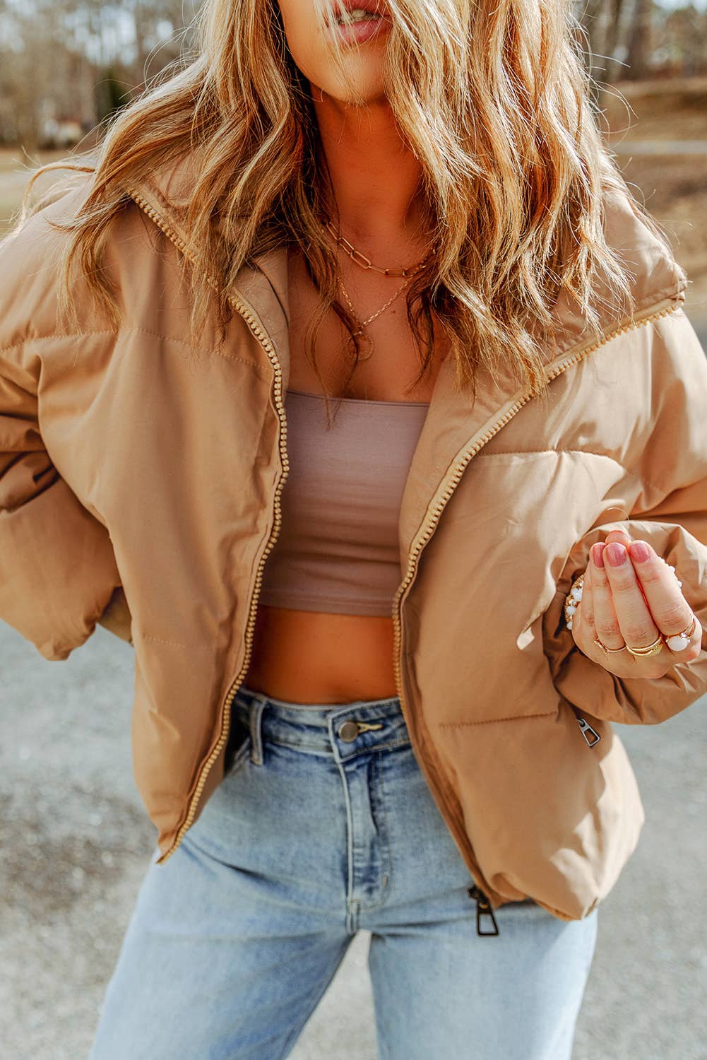 1 the Woman - Zip Up Pocketed Puffer Coat