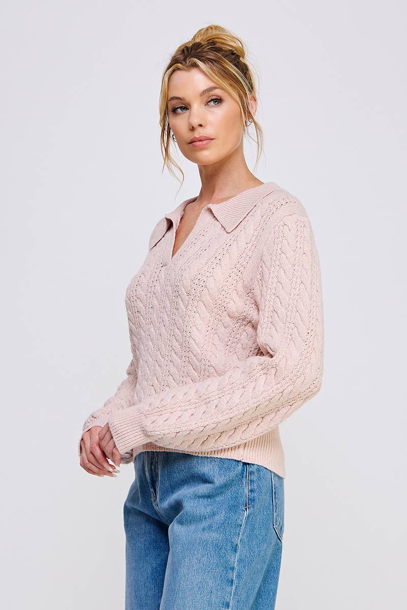 Allie Rose - Cable Knit Johnny Collar Pullover