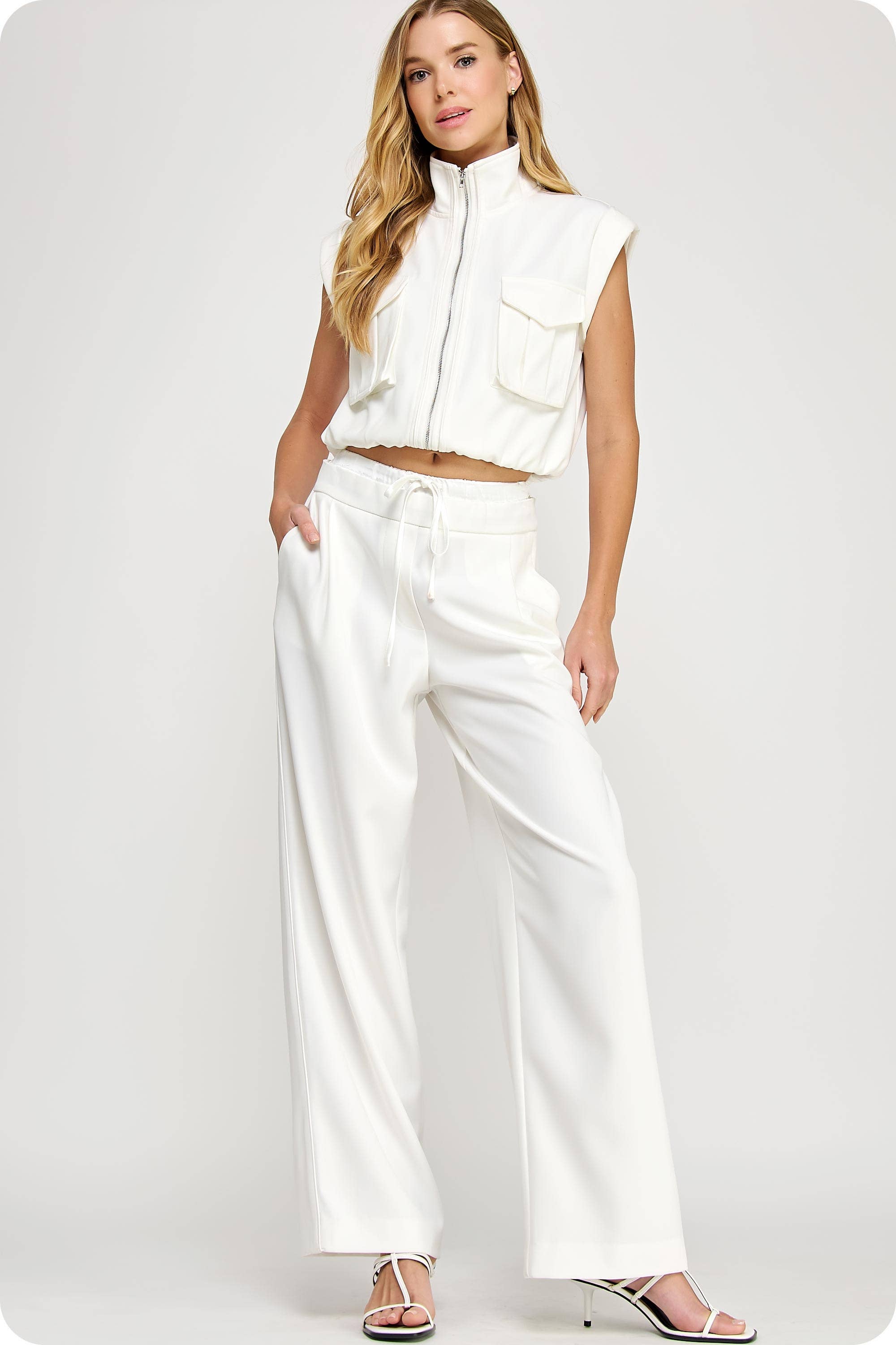 Satin Waistband Wide Leg Pants