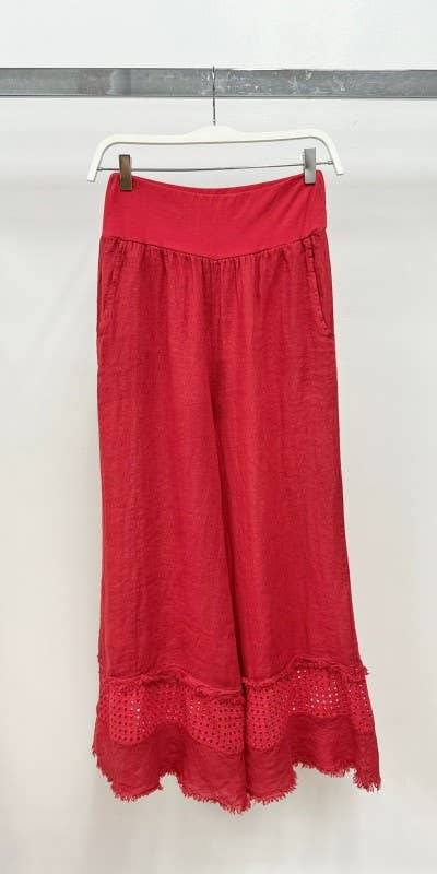 VENTI6 - FRINGE HEM EYELET CONTRAST WIDE LEG LINEN PANTS