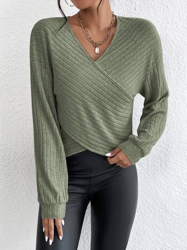 Solid V-Neck Cross Loose Long Sleeves Blouse
