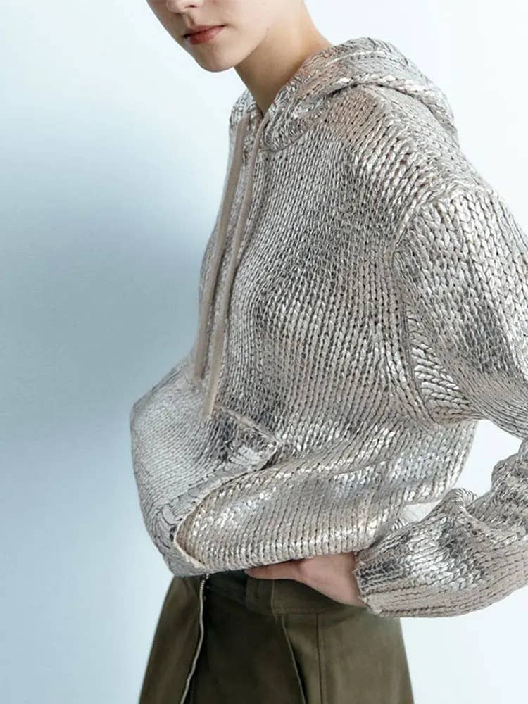 Chic Metallic Rib Trim Foil knit Hooded Sweater