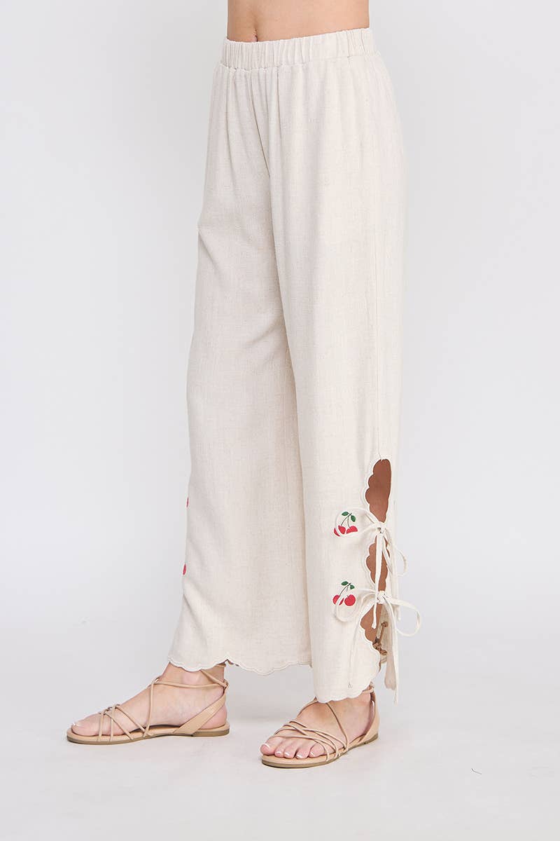 Allie Rose - Soft Linen Elastic Waist Embroidered Pants