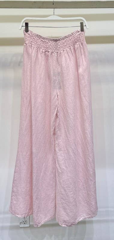 VENTI6 - ELASTIC SMOCKED WAIST LINEN WIDE LEG PANT