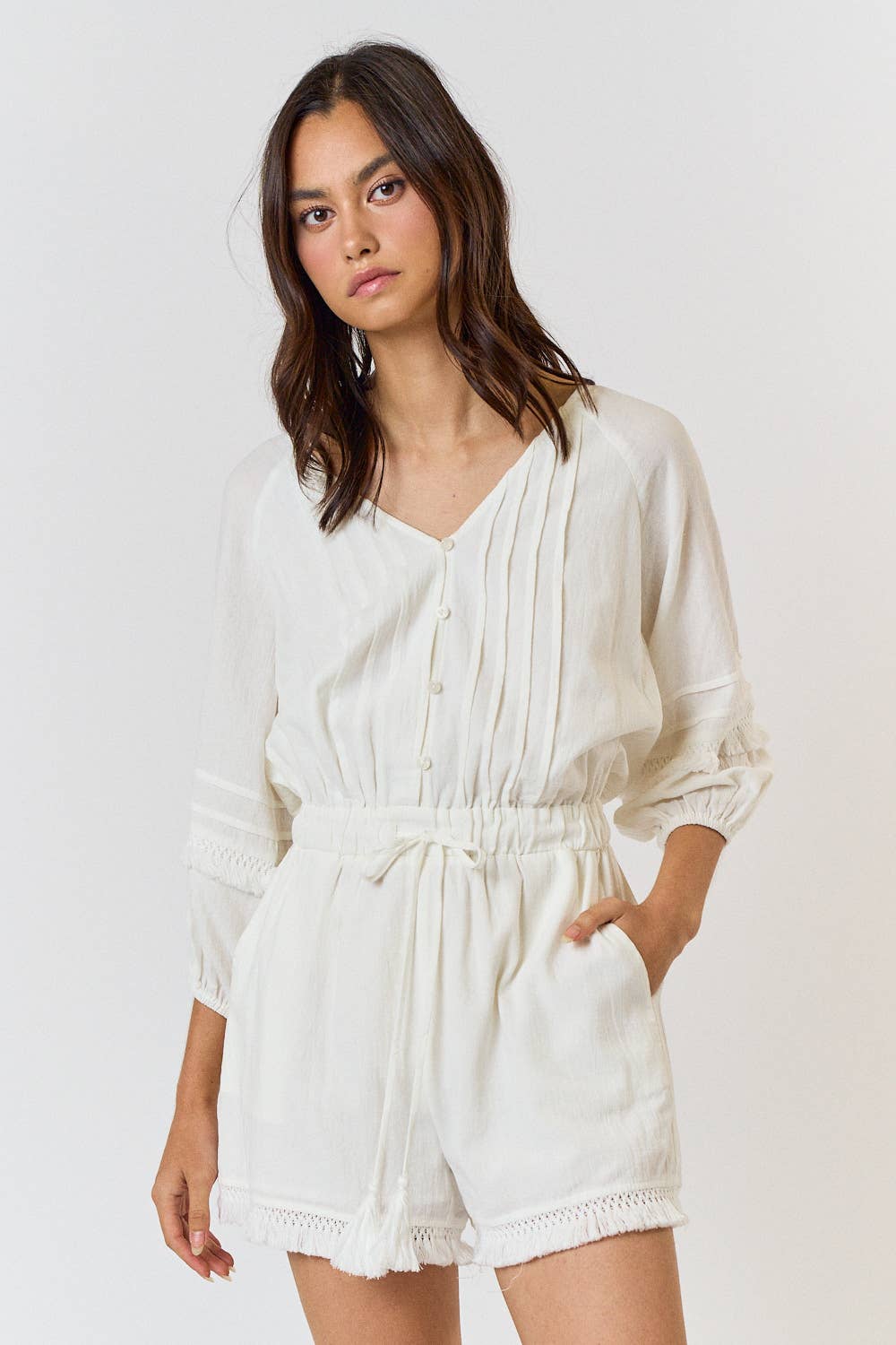 3/4 SLEEVE BUTTON UP V-NECK ROMPER