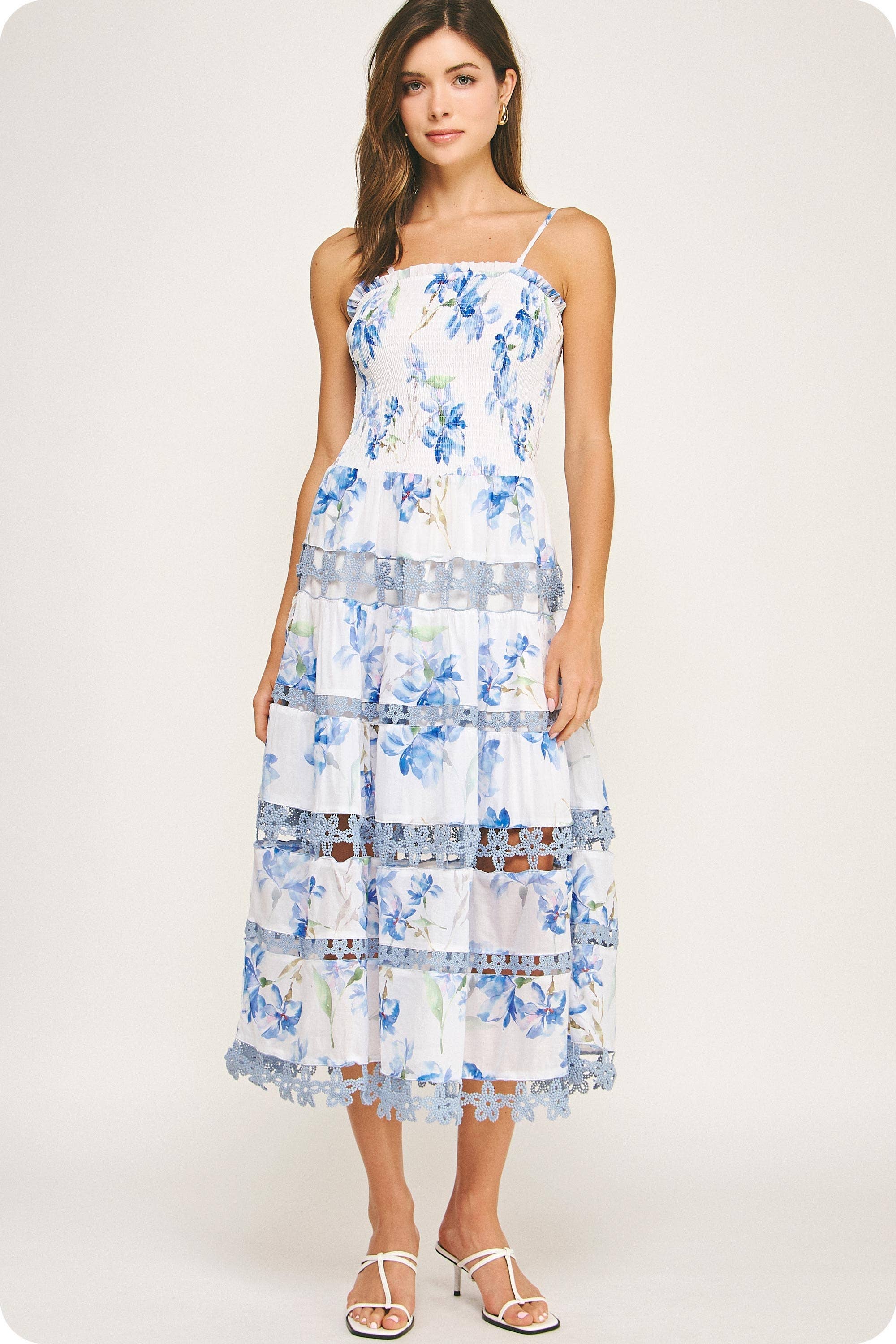Strut & Bolt - Floral Print Smocked Lace Trim Midi Dress
